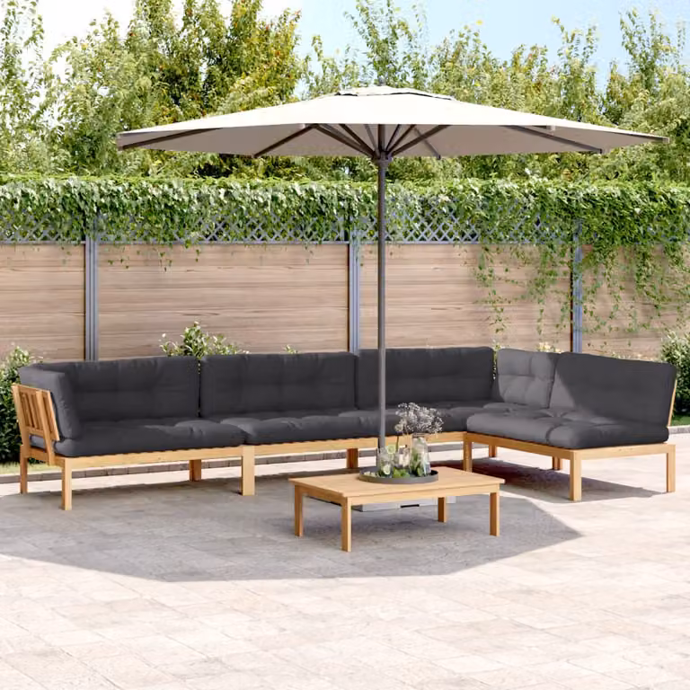Set Divano da Giardino a L con Tavolino vidaXL in Legno di Acacia con Cuscini, Colore Marrone, Grigio o Antracite