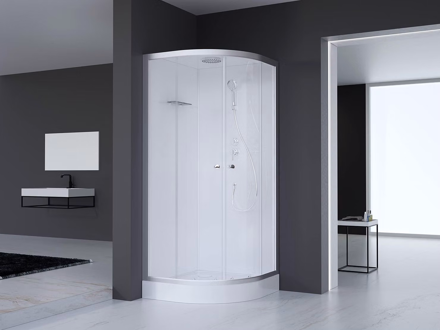Doccia completa MARWELL Doccia completa Silver Round 90 x 90 x 217 cm - Doccia rotonda con ingresso frontale - Cabina doccia con profili in alluminio di alta qualità - Altezza ingresso 15 cm