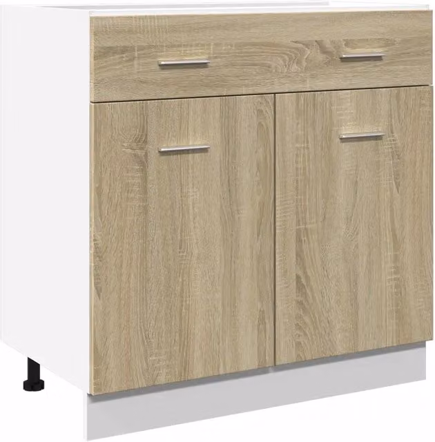 Mobile base da cucina moderno con cassetti in legno ingegnerizzato rovere Sonoma color beige L: 80 cm, P: 46 cm, H: 81 cm