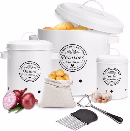 Set di contenitori ventilati, 3 pezzi, per patate, cipolle e aglio, bianco