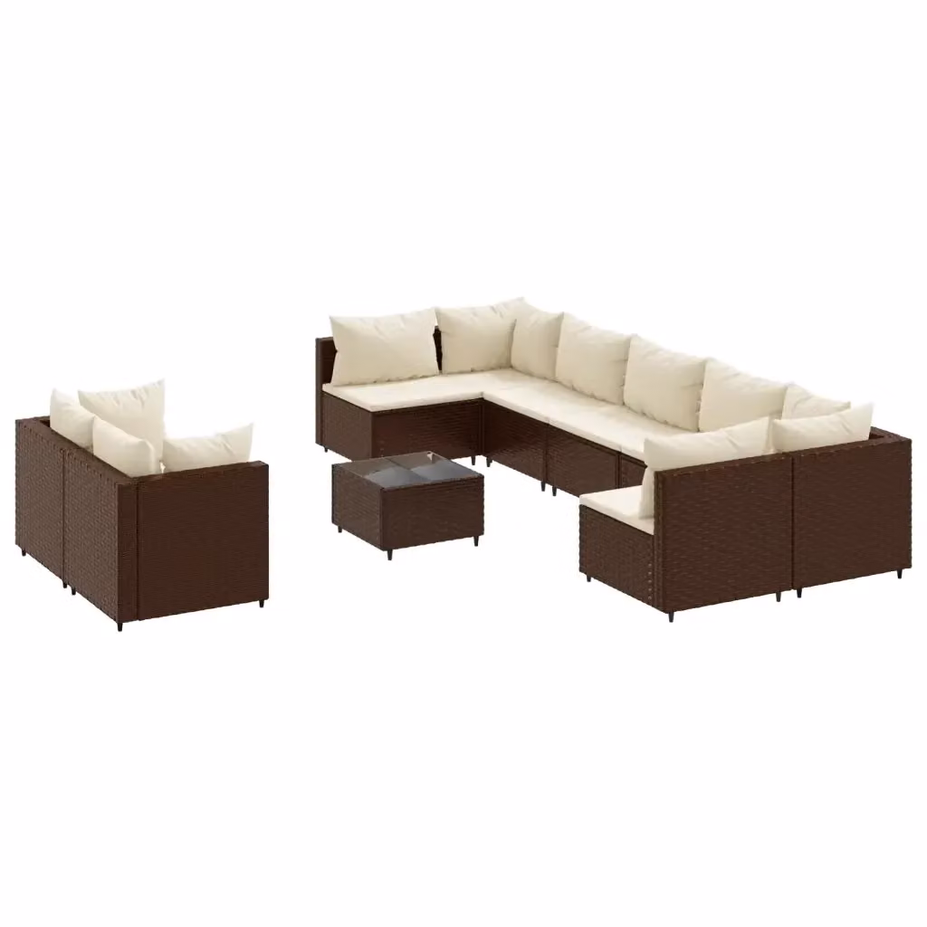 Set da giardino vidaXL composto da 10 pezzi con divano a 3 posti, tavolino da caffè e elementi angolari in rattan marrone con cuscini inclusi – 2