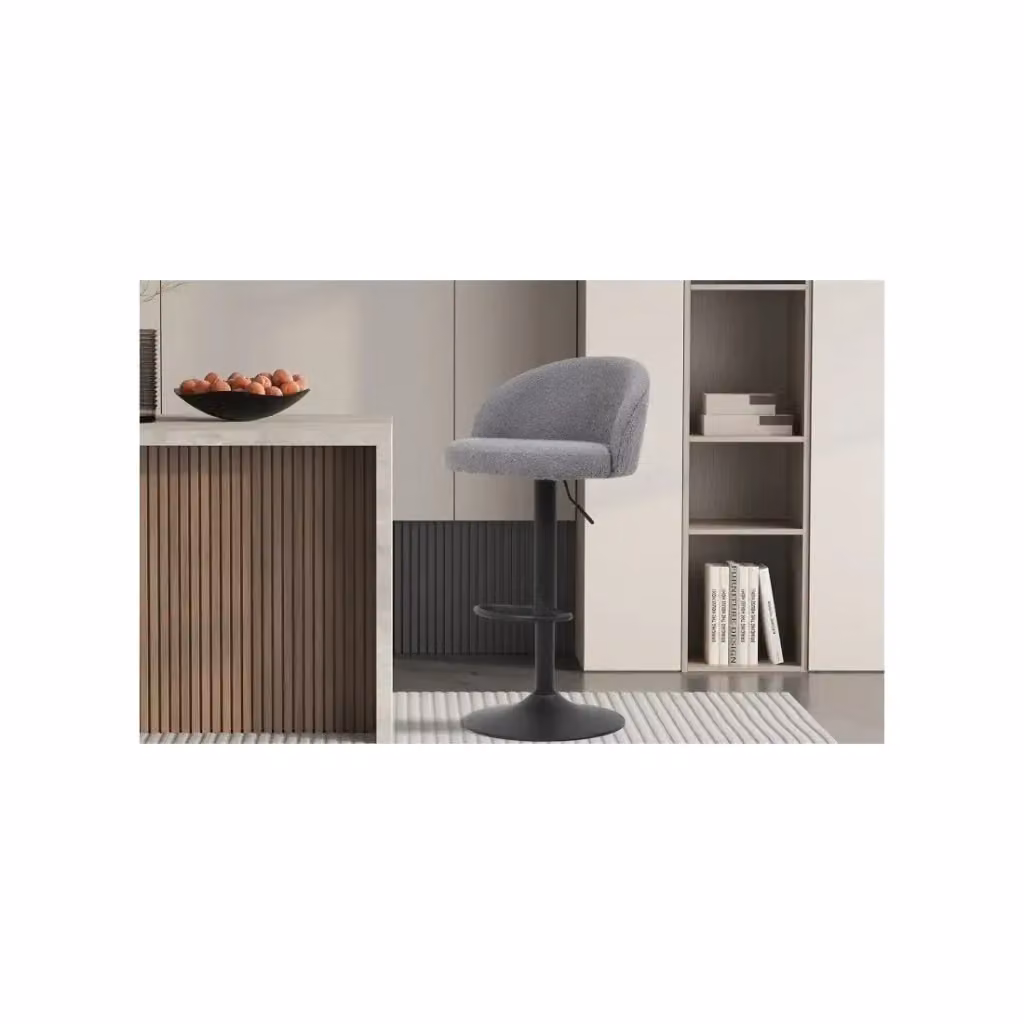 Sgabello da bar HYDRA Meublorama in tessuto bouclé grigio con struttura in metallo e stile moderno, Altezza regolabile: 86-107 cm – 2