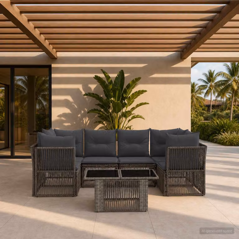 Set Divano da Giardino vidaXL 7 pz Grigio in Polyrattan con Tavolino e Cuscini Imbottiti