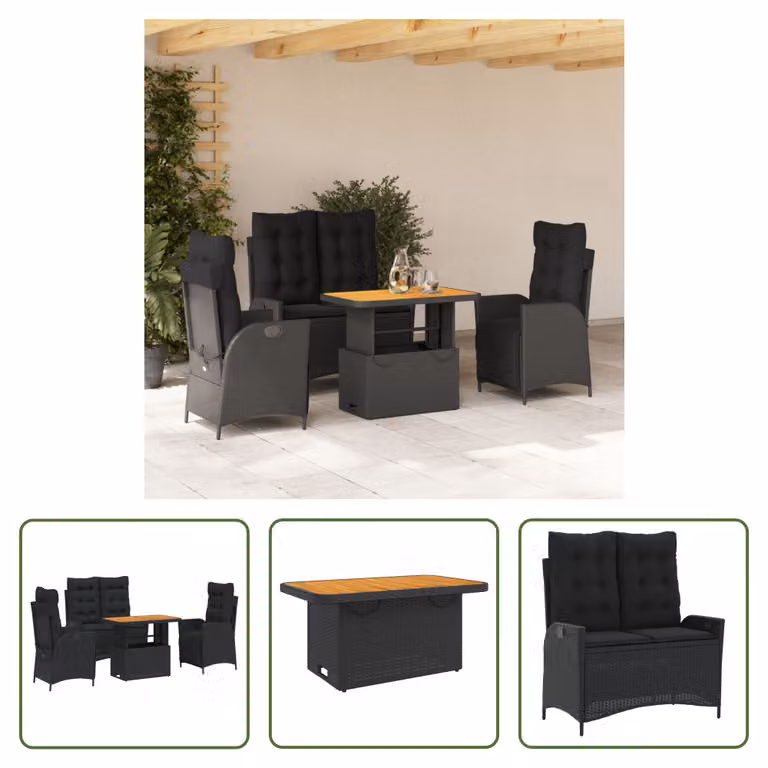 The Living Store Set da pranzo da giardino 4 pezzi con cuscini in poly rattan nero