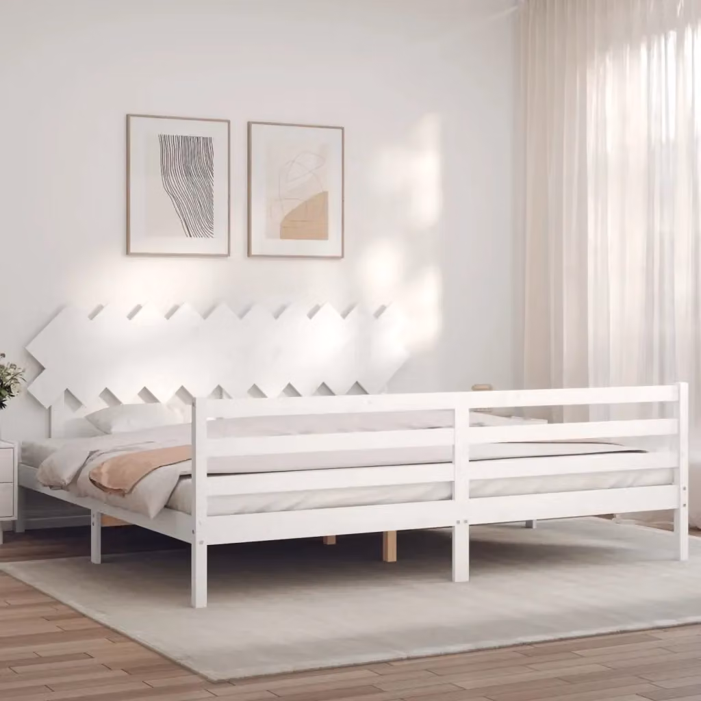 Letto matrimoniale in legno massello di pino bianco con testiera in stile rustico L/P: 200 x 200 cm – 2