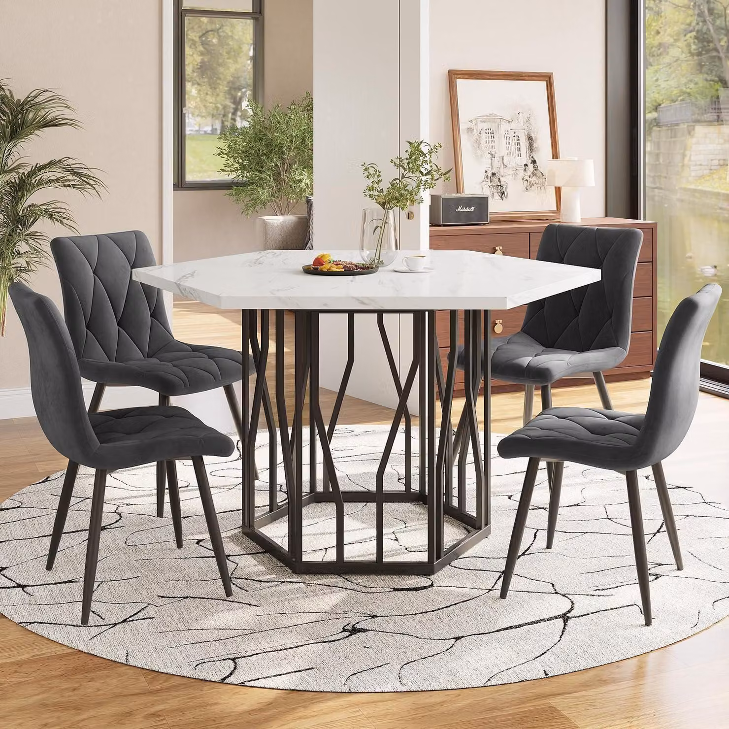 Set da pranzo composto da tavolo e 4 sedie, colore bianco marmo, dimensioni 115,5 x 100 x 75 cm, con gambe in metallo e sedie rivestite in velluto grigio