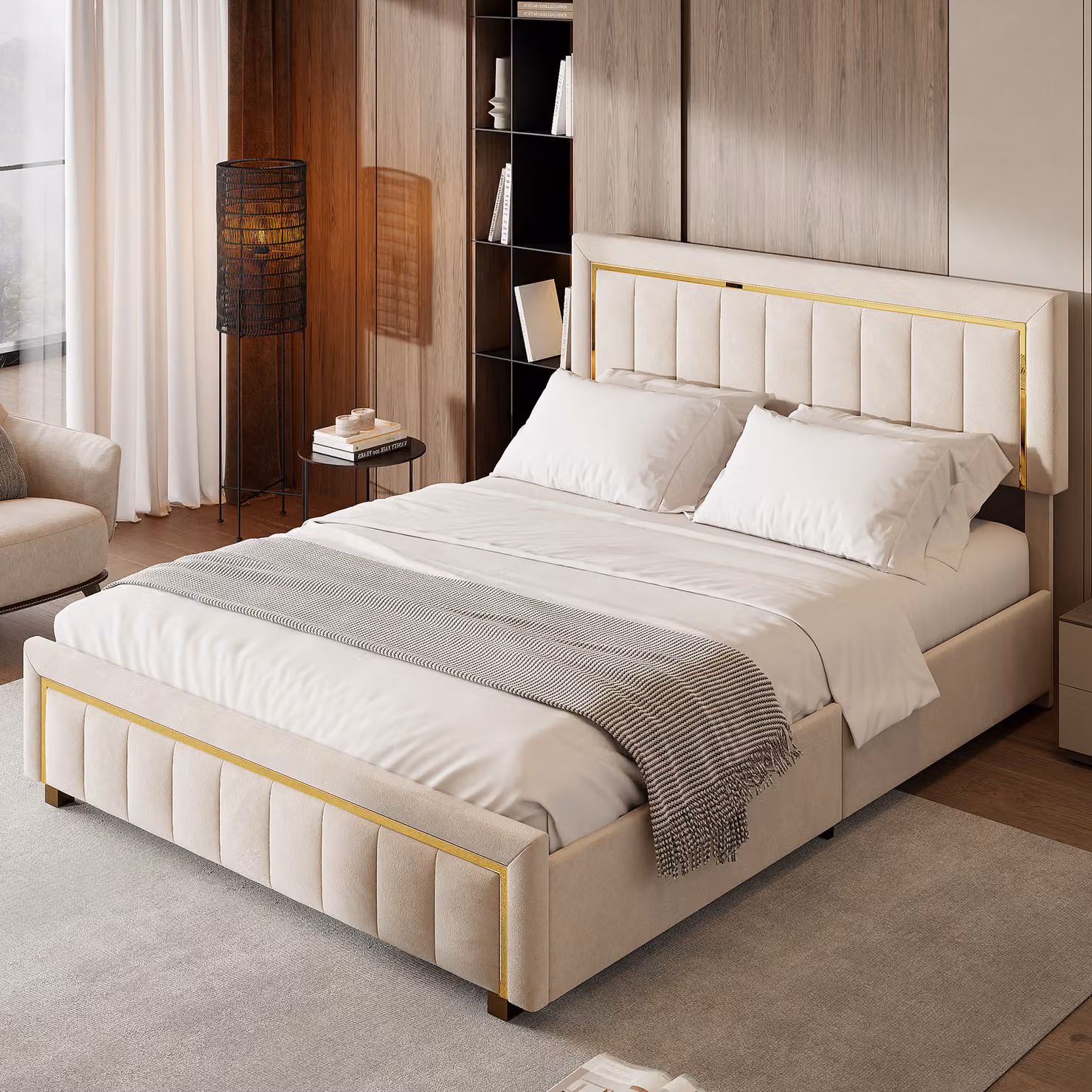 UnboxG Letto imbottito 160 x 200 cm, Letto matrimoniale idraulico con rete a doghe e giroletto, Letto contenitore idraulico con ampio spazio di archiviazione, Letto continentale in velluto, per adulti e adolescenti, Beige