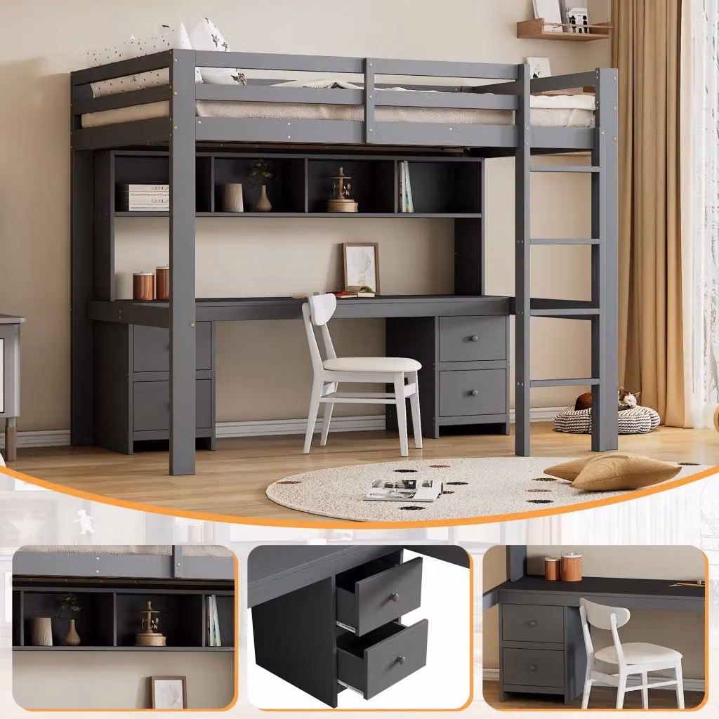 Letto a soppalco singolo OKWISH in pino e MDF con scrivania, 4 cassetti e 4 ripiani, grigio, L/P/H: 200 x 90 x 167 cm – 2