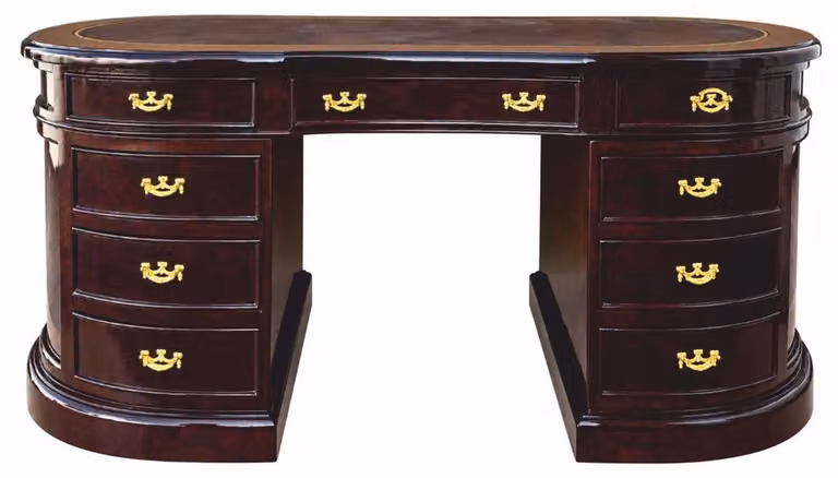 Scrivania "Casa Padrino" con 9 cassetti, color marrone scuro/marrone/oro, 180 cm - Scrivania da ufficio ovale in legno massello - Arredamento da ufficio