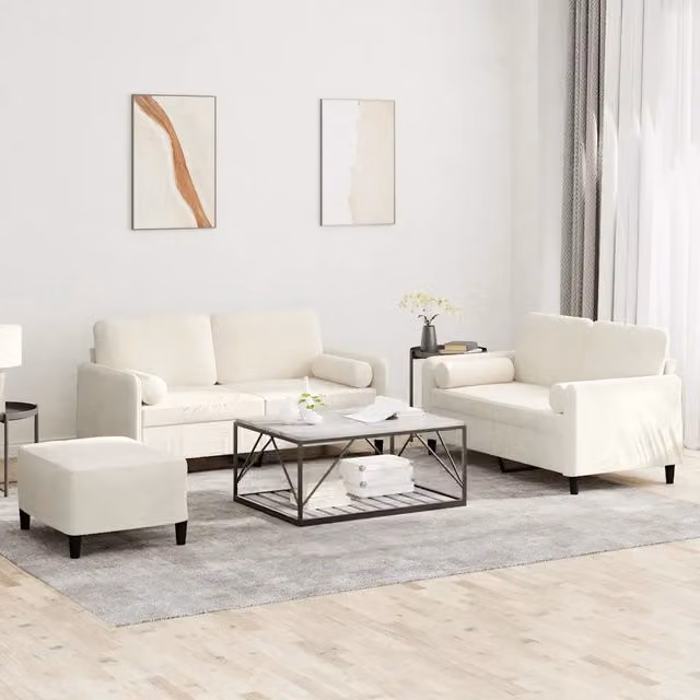 Set di 3 divani moderni vidaXL in velluto beige e bianco con cuscini inclusi
