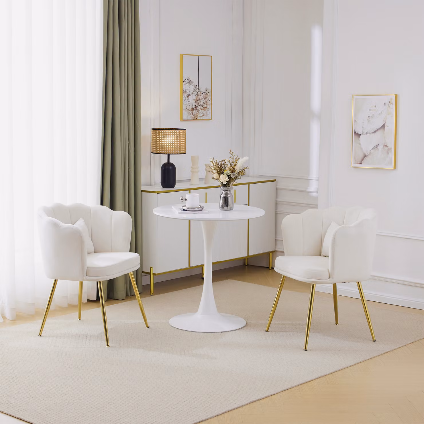 Sedia imbottita MERAX con cuscini decorativi a fiocco (2 pezzi), sedia da sala da pranzo sedia da soggiorno in velluto con schienale a petali e gambe in metallo dorato