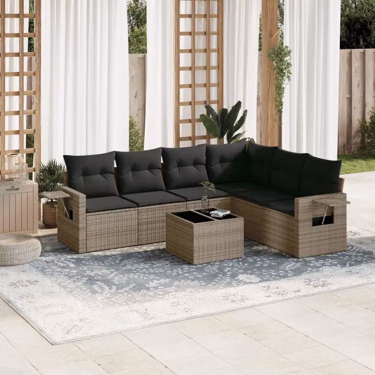 vidaXL Set Divani da Giardino 7 pz in Polyrattan Grigio con Cuscini e Tavolino