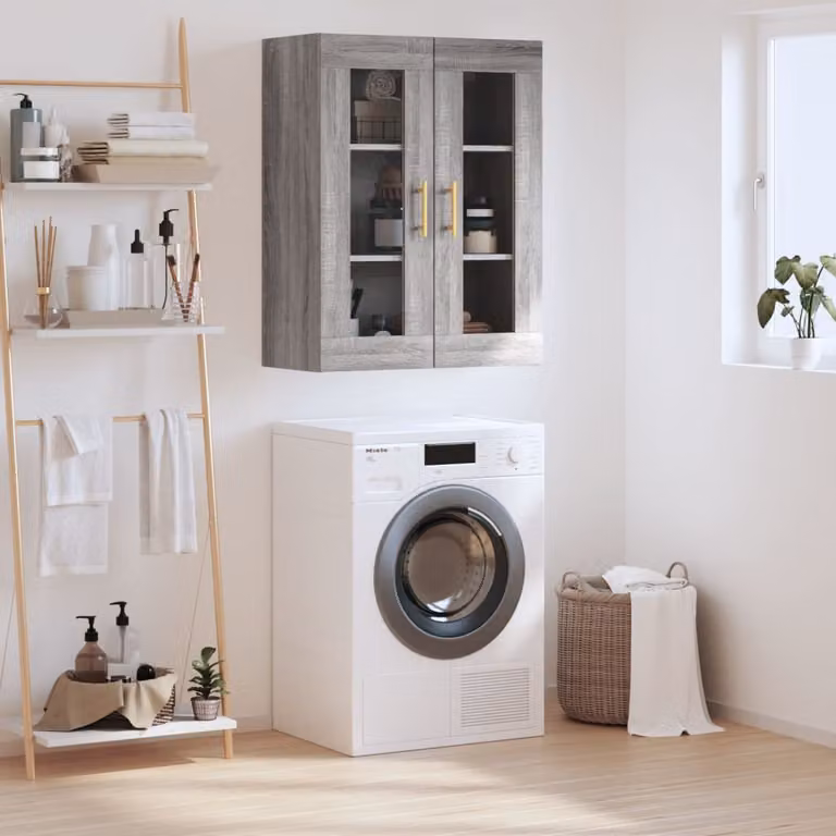 Mobile a parete vidaXL moderno con ante in vetro, Grigio Sonoma, L: 69,5 cm, P: 34 cm, H: 90 cm