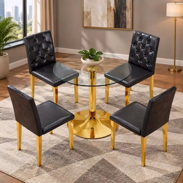 Set da pranzo con tavolo rotondo in vetro temperato 85 cm e 4 sedie nere con dettagli oro