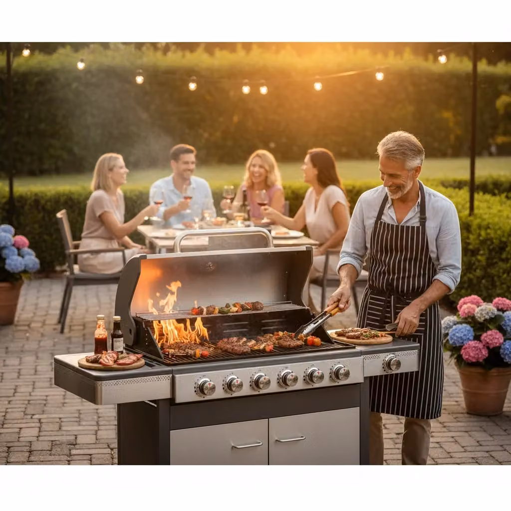 Barbecue a Gas GPL Ompagrill Indianapolis 7/B in Acciaio Inox Color Argento con 6 Fuochi, Fornello Laterale, Griglia di Riscaldamento e Ruote – 2