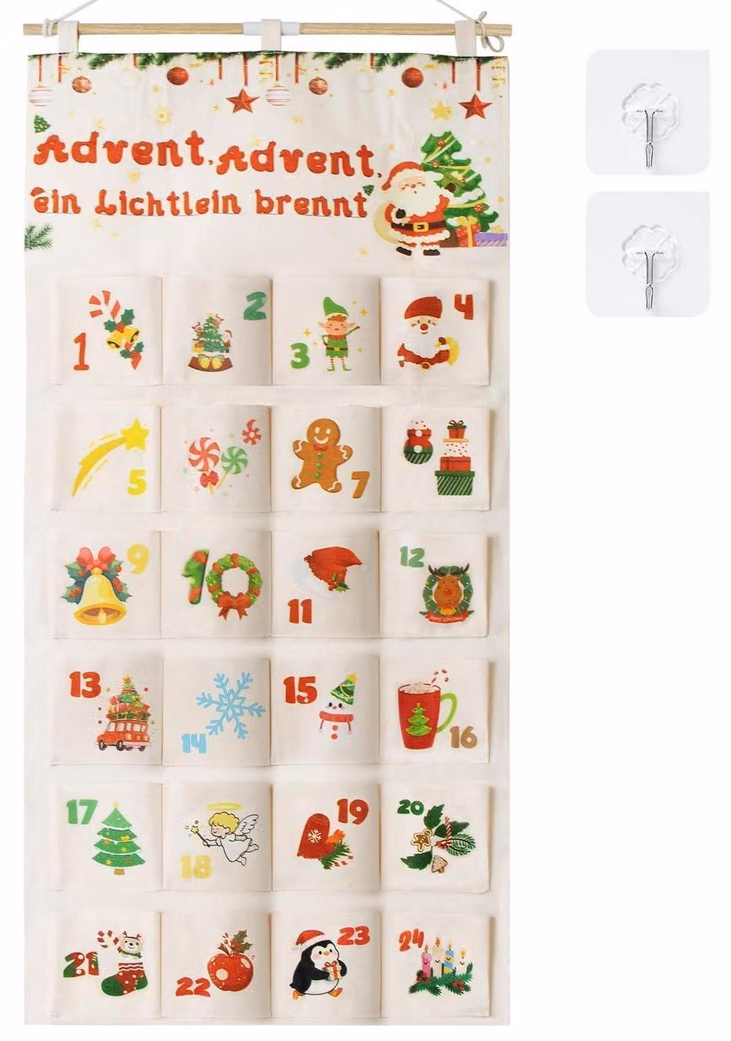 Calendario dell'Avvento riutilizzabile in tessuto, per essere riempito, con 24 tasche, fornito con 2 ganci adesivi, dimensioni 50x102 cm