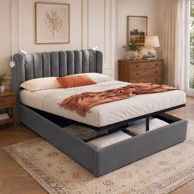 Letto Contenitore REDOM in Velluto Grigio con USB e Luce da Lettura, L/P/H: 160 x 200 x 103 cm