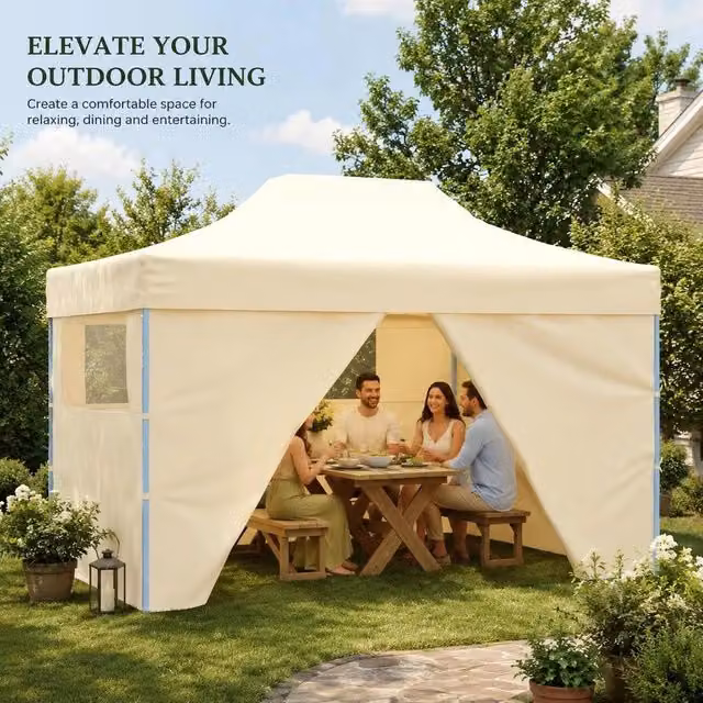 Pop-up Folding Tent With 4 Side Panels, 3 X 4.5 M, Cream White