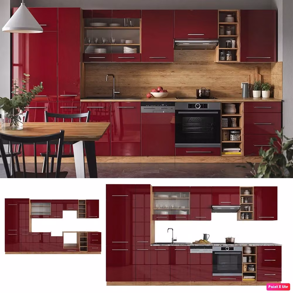 Cucina componibile Vicco Fame-Line Bordeaux lucido e Rovere dorato con base Antracite L: 355 cm – 2