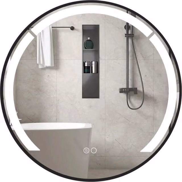Specchio da bagno rotondo DESIGN IN con cornice in alluminio nero, LED dimmerabile a 3 colori e funzione antifog, Diametro: 60 cm