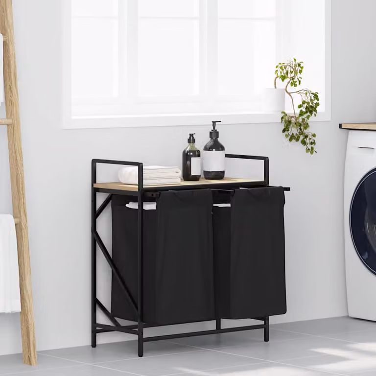 vidaXL Cesto per la Biancheria con 2 Scomparti e Ripiano, Nero e Marrone, L: 42,1 cm, P: 33,0 cm, H: 77,0 cm