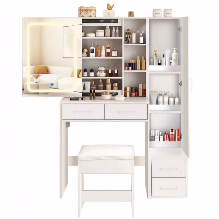 Set da toeletta – Toeletta – 4 cassetti – 1 anta – Mobiletto alto – Panca imbottita – Specchio LED con 3 tonalità di luce – 100 x 40 x 142 cm
