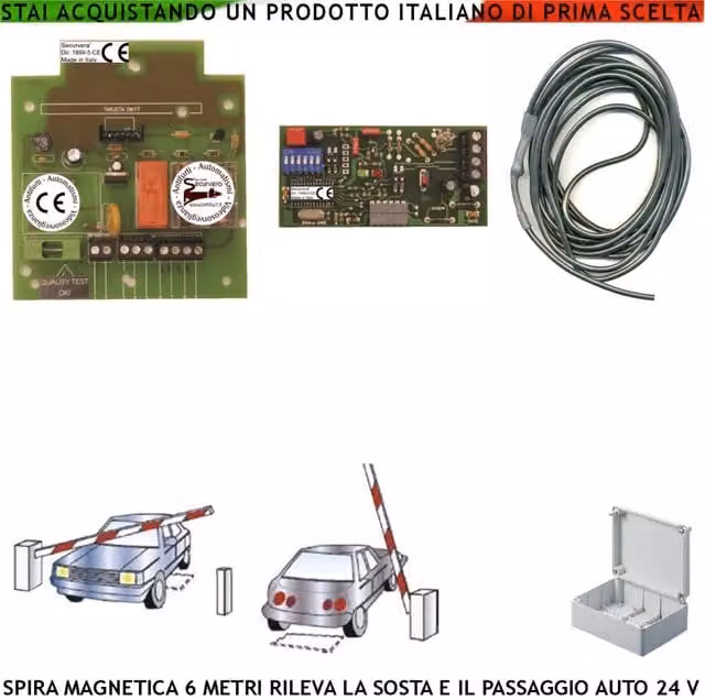 Rilevatore di passaggio o sosta per autoveicoli Securvera con spira magnetica interrata da 6 metri, alimentazione 12/24 Vacdc per comando semaforo e automatismo barra cancello