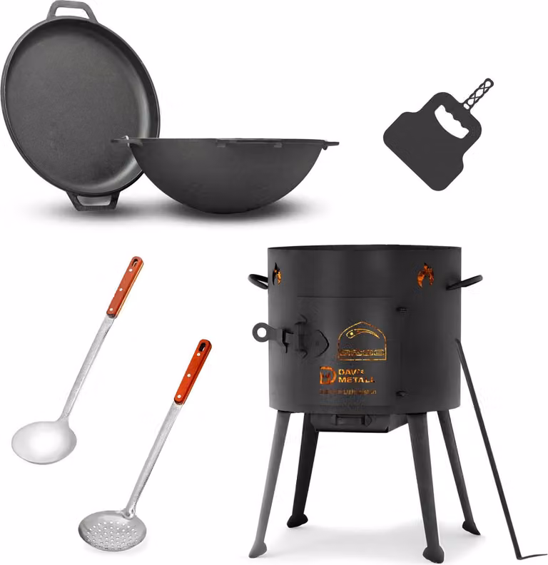 Ø36 cm Uchag 2 mm acciaio Forno Utschak 8 L Ghisa Kasan Coperchio Padella Padella Utschag Cucina da campo Focolare Fornello da campeggio Cucina da esterno Fornello per stufato Schiumarola Griglia