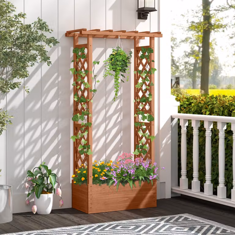 Letto da giardino rialzato in legno con traliccio e tetto pendente Costway, fioriera con fori di drenaggio per interni ed esterni, Marrone scuro