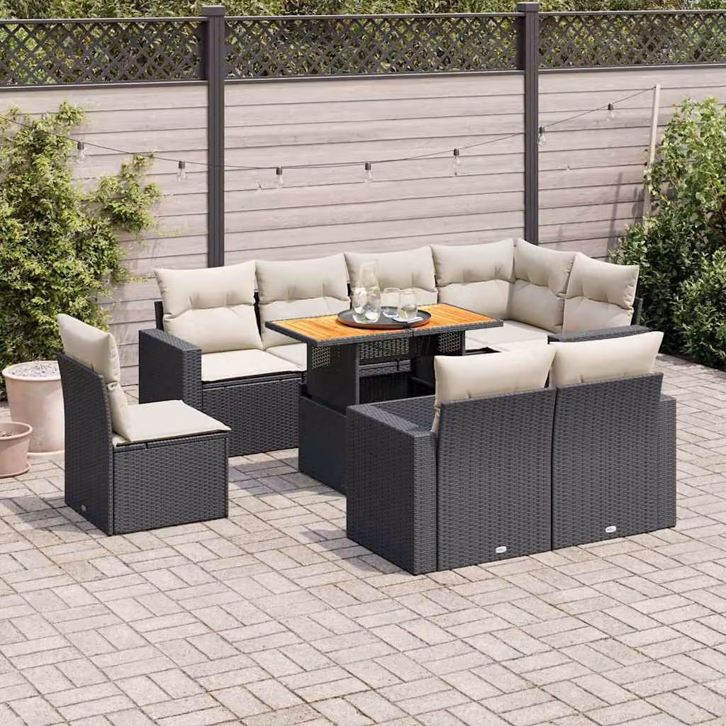 Set di divani da giardino vidaXL 9 pezzi in polyrattan nero con cuscini e struttura in legno di acacia oliato