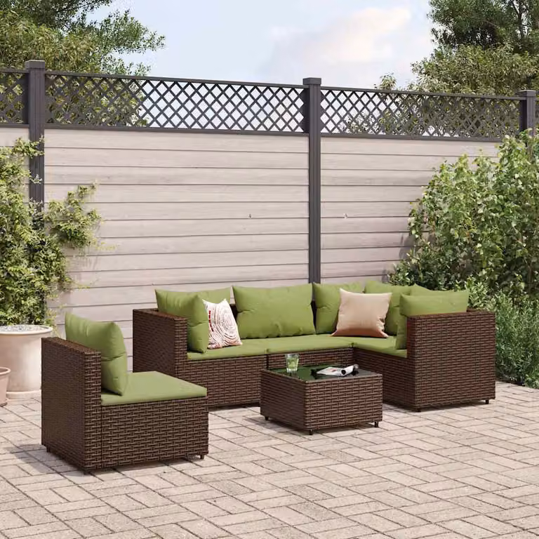 Set di mobili da giardino vidaXL 6 pezzi con divano angolare a L, tavolo da caffè e cuscini imbottiti in rattan marrone e verde con struttura in acciaio verniciato a polvere