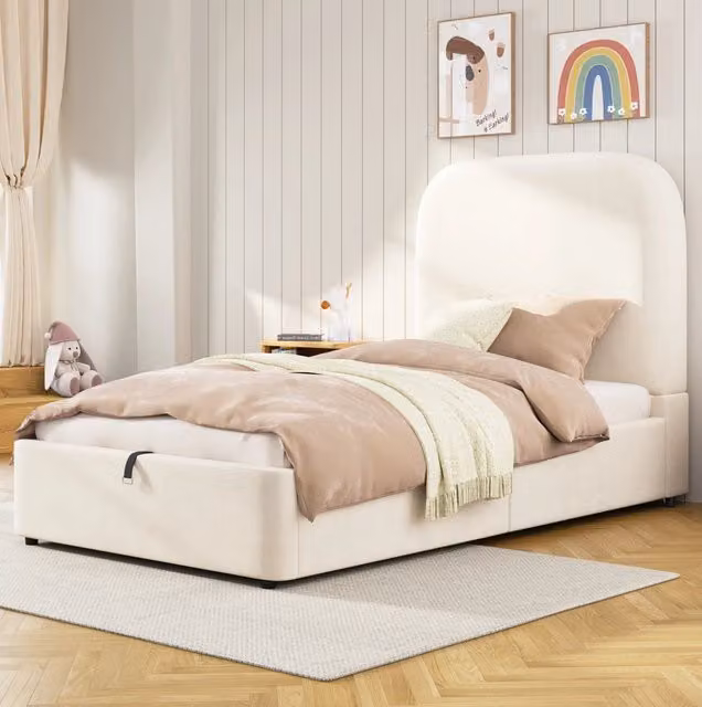 Letto per bambini 90x200 cm con contenitore idraulico in velluto beige