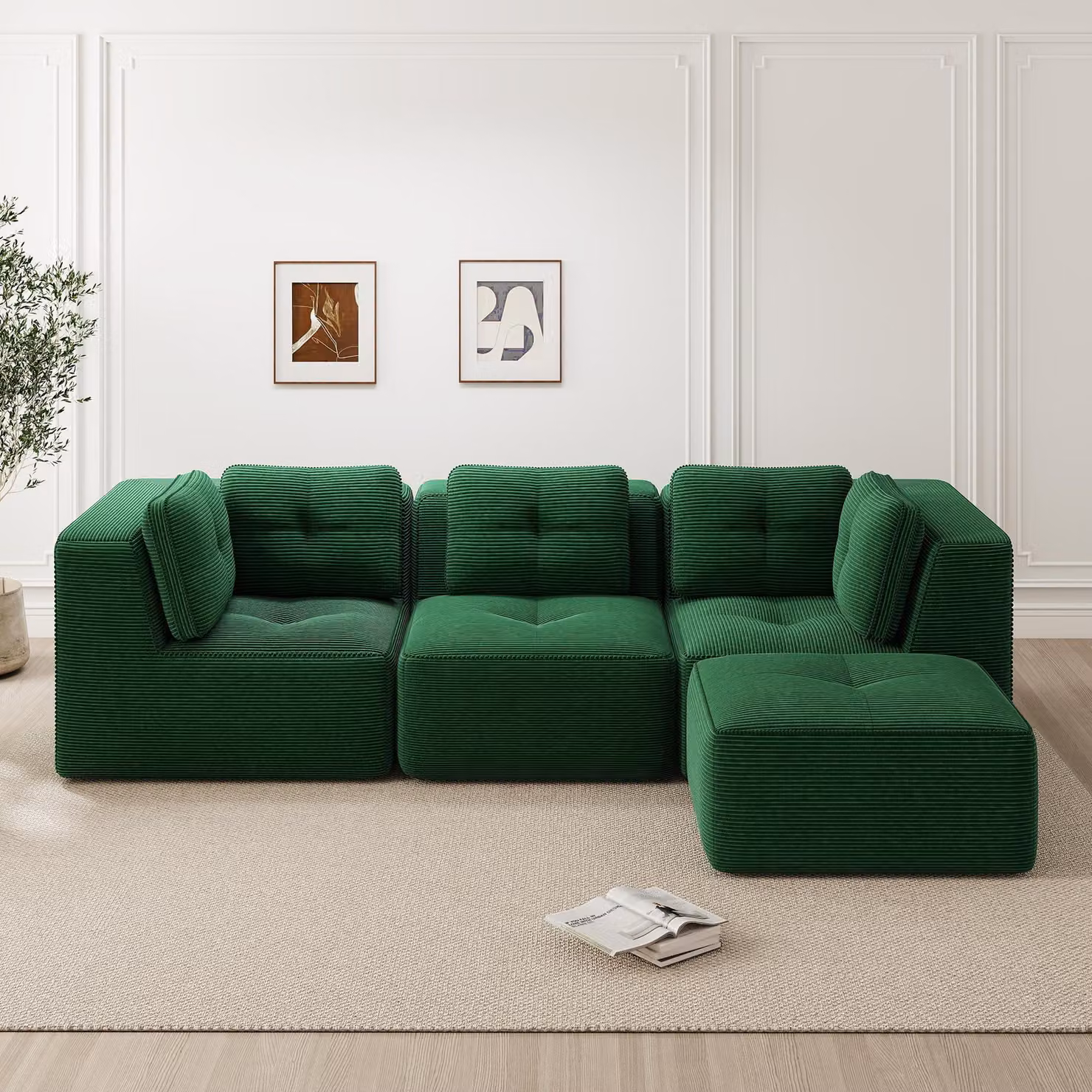 Divano angolare a forma di L, senza cornice, rivestito in tessuto Cord, con poggiapiedi, tre posti, seduta profonda, non richiede montaggio (verde)