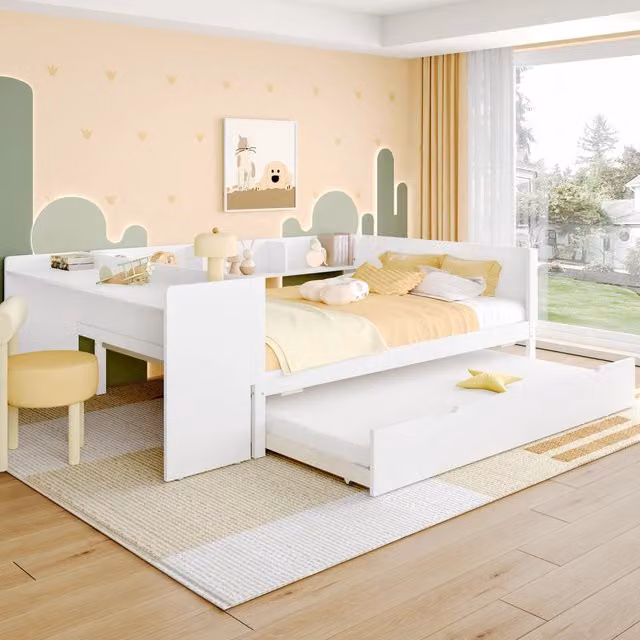 Letto a castello con scrivania e letto estraibile in pino e truciolare bianco 140x200 cm