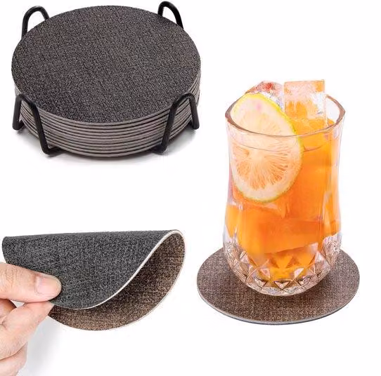 Set di sottobicchieri in Pelle finta, 12 pezzi, double-face, antiscivolo, lavabili, effetto pelle bovina, grigio-marrone