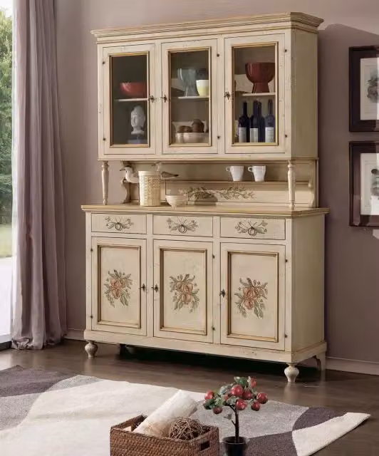 Cristalliera in legno stile shabby chic con ante in vetro Mobili 2G, colore avorio e ocra, L: 160 cm, P: 50 cm, H: 221 cm – 3