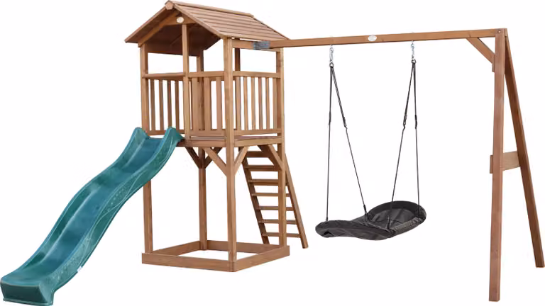 AXI Beach Tower parco giochi in legno in marrone | Torre di gioco per bambini con sabbiera, altalena a nido e scivolo verde | Casa per bambini su palafitte per il giardino