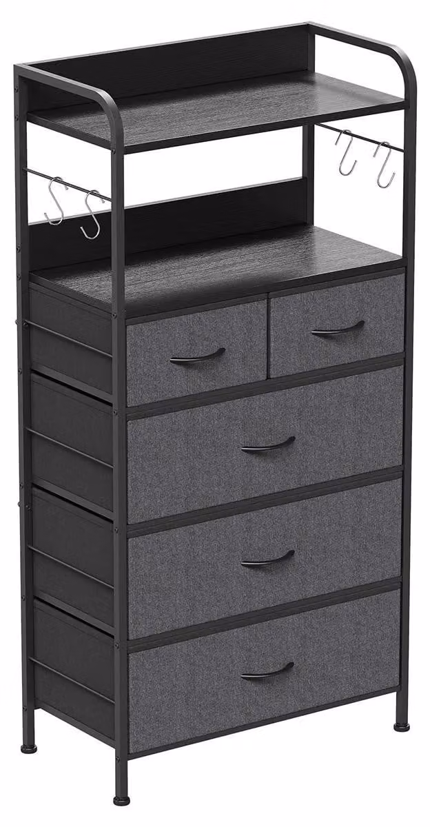 Comodino contenitore in tessuto per l'ingresso - Mobile contenitore con 5 cassetti - Struttura in metallo - Ripiani aperti - Stile moderno - Montaggio semplice - Grigio
