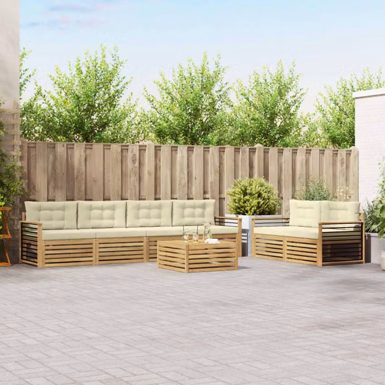 Set di divani da esterno vidaXL 7 pezzi a forma di L con tavolino da caffè, in legno di acacia e tessuto resistente ai raggi UV, colore bianco e beige