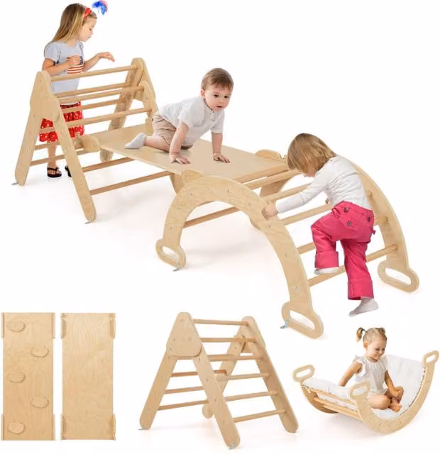 Set di 3 giocattoli da arrampicata Design Mania in legno beige con triangolo arco e cuscino imbottito L/P/H: 75 x 64 x 55 cm