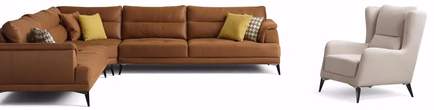 Elegante set da salotto nei toni del marrone e del beige: divano ad angolo e poltrona lounge, 2 pezzi
