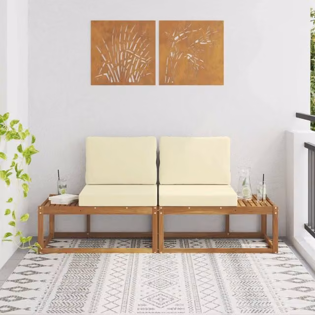 Divano da giardino moderno a 2 pezzi in legno di acacia con cuscini beige e bianco per esterno e terrazza – 1