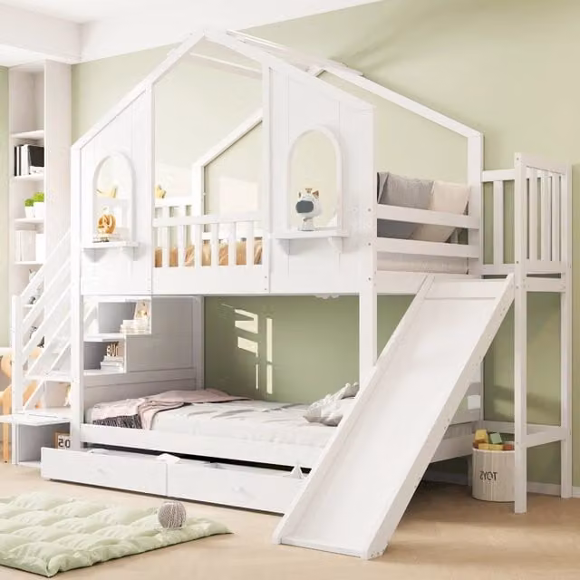 Letto a castello a casetta REDOM per bambini con scivolo, scala e contenitore, colore bianco, L/P/H: 200 x 90 x 145 cm