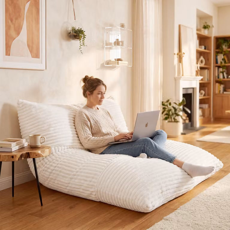 Pouf a sacco Costway in velluto a coste beige per adulti e bambini con fodera sfoderabile per soggiorno e camera da letto