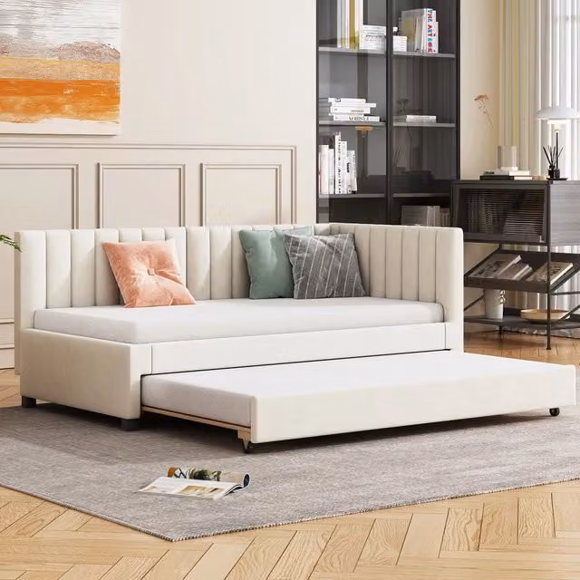 Letto Imbottito Singolo Estraibile con Rete a Doghe ¨C MINIMAL ¨C Velluto Beige 90x200