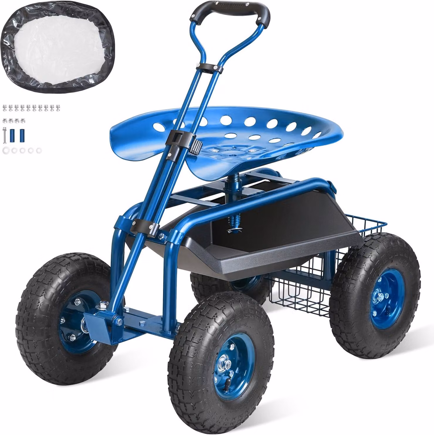 Carrello da officina rotante in acciaio con capacità di carico fino a 136 kg Carrello da giardino con manico da 25 cm e sedile regolabile in altezza da 45 a 54 cm Carrello rotante Pressione pneumatici 30 PSI Sedile da lavoro Sedile da giardino blu