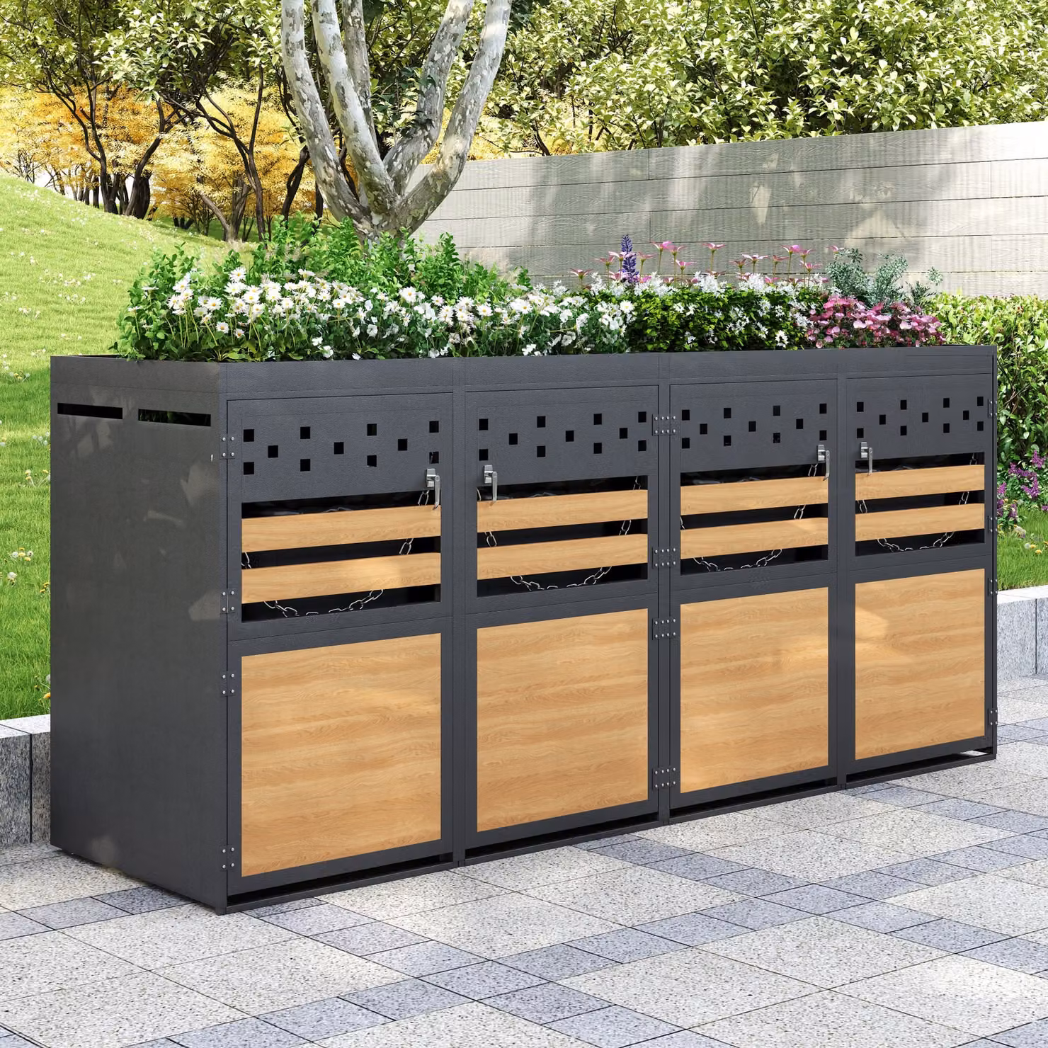 okwish Contenitore per bidoni della spazzatura 4x con tetto vegetale 120-240 litri, ante antracite con effetto legno, contenitore per rifiuti con tetto vegetale, grigio + naturale