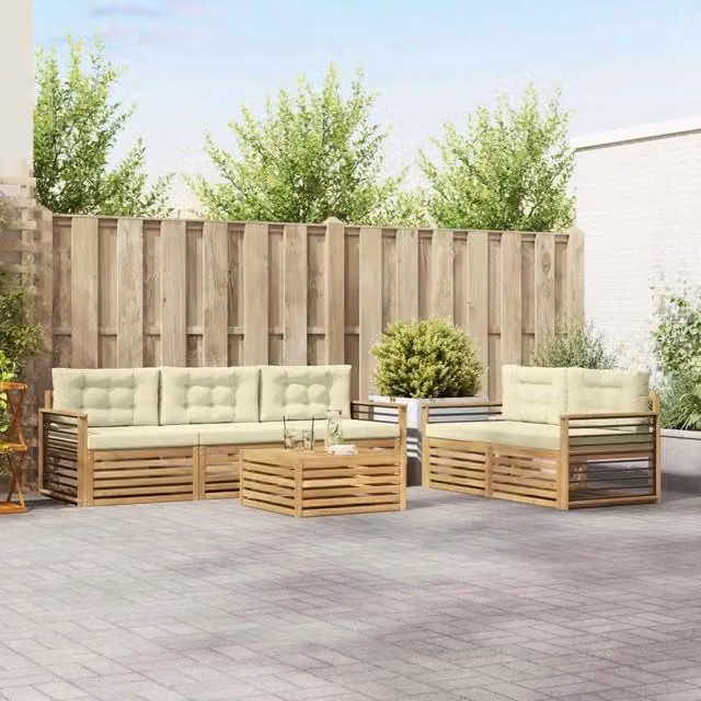 Set di divani da esterno a L con tavolo da caffè vidaXL in legno di acacia, 6 pezzi, Bianco e Beige – 1