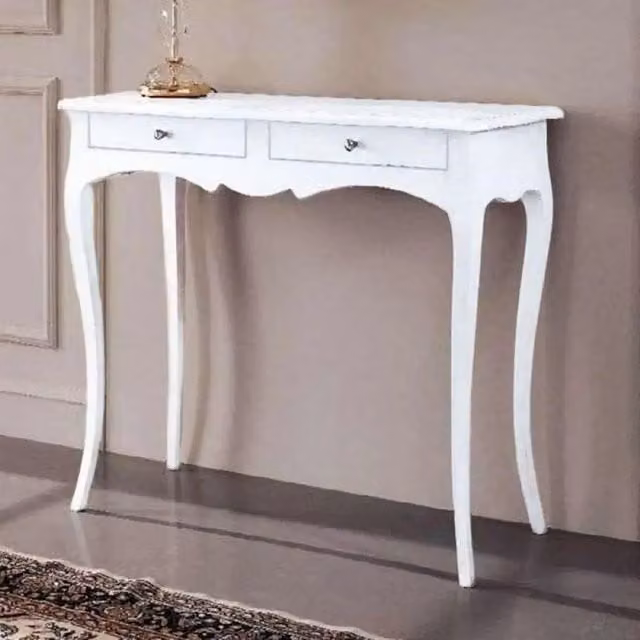 Mobiletto a consolle 2 cassetti arte povera in legno massello e mdf con rifinitura in bianco 95x41x80 H