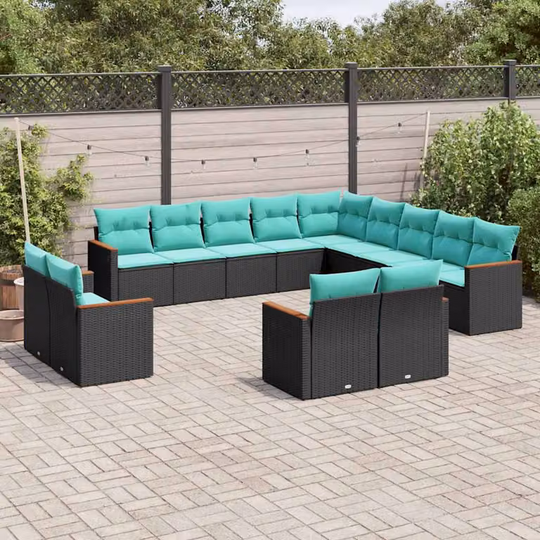 Set di divani da giardino vidaXL a forma di U in rattan con cuscini, nero e turchese